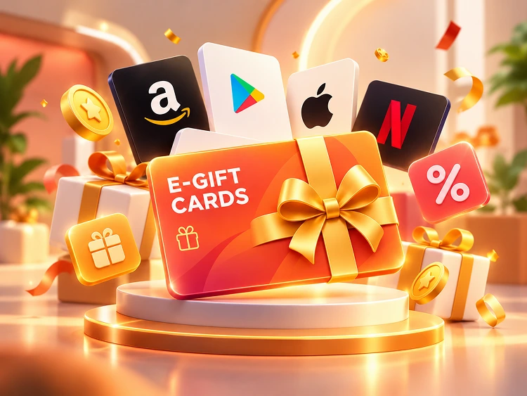 E-gift cards and phone showing voucher balance — replace with product shot